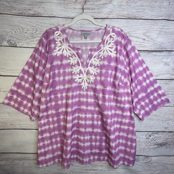 Catherines Blouse Size 2X Petite Purple Pink Soutache Trim Tunic Tie Dye BOHO - Picture 4 of 16